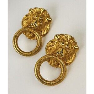 Vintage Gold Tone Lion Head Door knocker Clip On Earrings